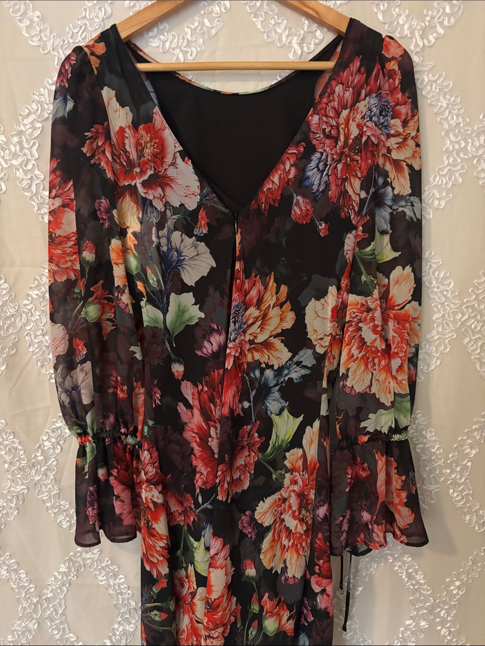 Black Floral Long-Sleeve Mini Dress - Picture 7 of 13